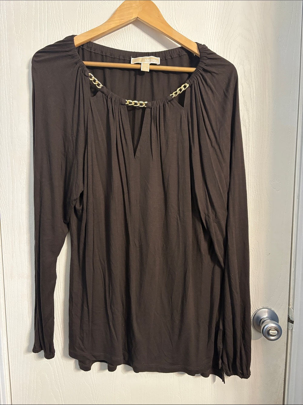 MICHAEL Michael Kors Brown Long Sleeve Top with Gold Chain Detail